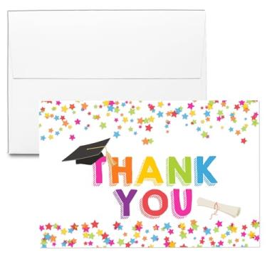 Imagem de Cartões coloridos de agradecimento de formatura – Pacote com 50 cartões de notas em branco com tema de confetes de estrelas arco-íris 10 x 15 com envelopes brancos – Conjunto de papelaria de formatura