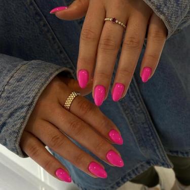 Imagem de SXVME Unhas Postiças Rosa Choque, Curtas, Ovais E Redondas, Coladas, Neon, De Acrílico Feitas À Mão Em Gel, A Melhor Amêndoa Fúcsia Espessa Para Dedos Grandes Pequenos, 24 Peças