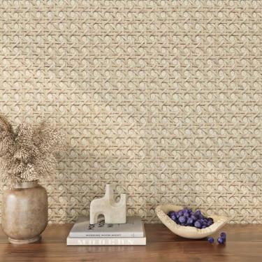 Imagem de ReWallpaper Papel de parede bege Grasscloth Khaki Basketweave Faux Grasscloth Papel de parede de vime pré-colado para portas de armário 40 cm × 3 m