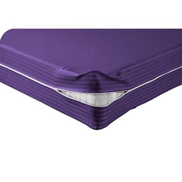Imagem de Silver Cotton 1000 fios – capa de colchão 100% algodão egípcio – bolso profundo de 20 cm, tamanho queen olímpico, faixa roxa, zíper ao redor do colchão.