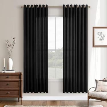 Imagem de Cortinas transparentes de linho preto 182 cm de comprimento para quarto com ilhós não transparentes, com filtragem de luz, cortinas semitransparentes modernas de casa de fazenda para sala de estar