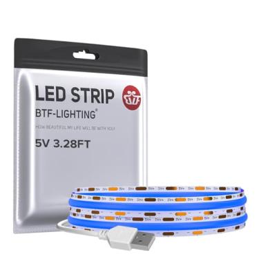 Imagem de BTF-LIGHTING FCOB Faixa de luzes LED azul COB alimentadas por USB 3,28 FT 320LEDs 5V 8 mm largura 90+ CRI alto luz flexível ultra brilhante para TV Backlight Display Cabinet PC DIY Decor