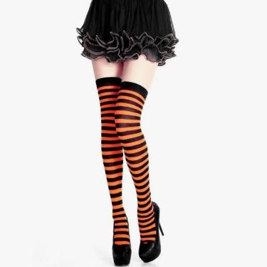 Imagem de Meia Até O Joelho 7/8 Longa Listrada Preta E Laranja Geek Festas