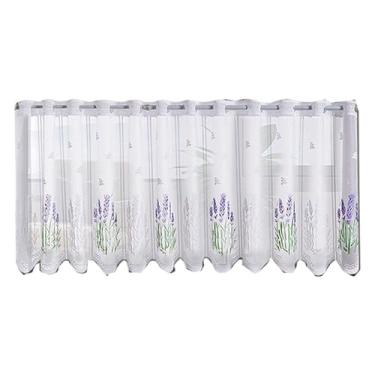 Imagem de Cortinas Valence para janelas, sanefas de janela com tira perfurada, cortinas de cozinha de fazenda jacquard lavanda cortina curta transparente para quarto, sala de estar ou estudo