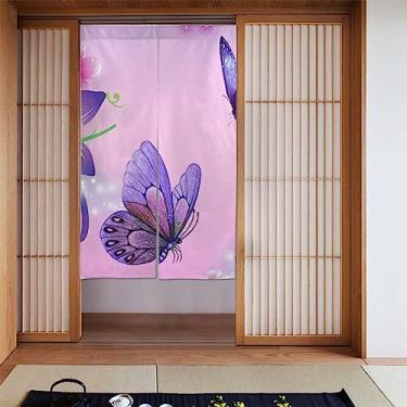 Imagem de Cortina japonesa borboleta roxa Noren cortina divisória de banheiro tapeçaria de porta tratamento de janela para decoração de casa 86 x 142 cm