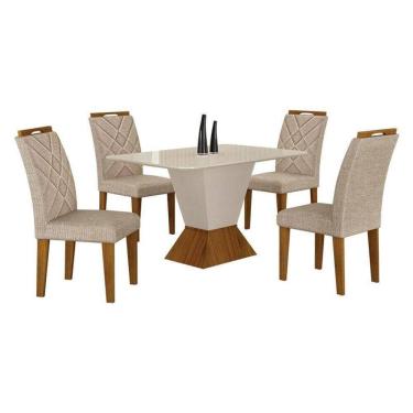 Imagem de Mesa De Jantar Larissa 120x80 Off White Freijó Com 4 Cadeiras Mdf Freijó Linho Palha - Leifer Móveis