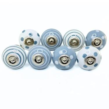 Imagem de Conjunto de 8 puxadores feitos à mão com listras brancas e cinzas para armário de cerâmica para cozinha, quarto, quarto de criança, puxador para gaveta, armário, cômoda Perilla Home