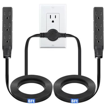 Imagem de HOUHUI Filtro De Linha Duplo Com 3 Pinos, 12 Pés, Resistente, Duplo, 6 Tomadas - Certificado Etl, Plugue Plano Pés Cada Lado, Divisor Bidirecional Para Escritório Doméstico, Armário, Sofá
