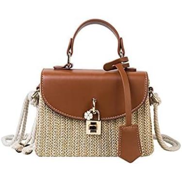 Imagem de Saco De Palha, Saco De Praia Moda Rattan Mulheres Bolsas De Ombro Bolsas De Grife Tecido Crossbody Bolsa Verão Praia Saco De Palha, Brown a