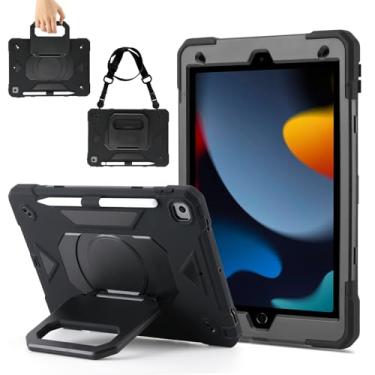 Imagem de Capa para iPad 9ª geração (2021)/iPad 8ª geração (2020)/iPad 7ª geração (2019), capa para iPad de grau militar à prova de choque com suporte giratório de 360°/compartimento para caneta/alça de ombro