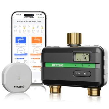 Imagem de RESTMO Temporizador de irrigação, intervalo e temporizador de água programável semanal para mangueira de jardim, temporizador de mangueira de entrada e saída de latão, 2 zonas