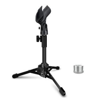 Imagem de Mictop Suporte de microfone de mesa, portátil, dobrável, com clipe de microfone, suporte ajustável para microfone dinâmico.