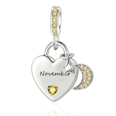 Imagem de QeenseKc Pingente de lua e estrela com pingente de coração do mês de nascimento de novembro compatível com pulseira Pandora feminina