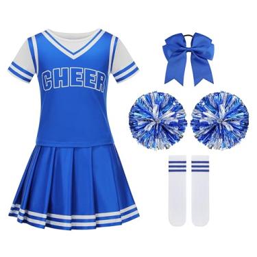 Imagem de yolsun Conjunto de fantasia de líder de torcida para meninas, vestido chique de líder de torcida para meninas, 5 peças de uniforme de torcida para Halloween (azul, 8-9 anos)