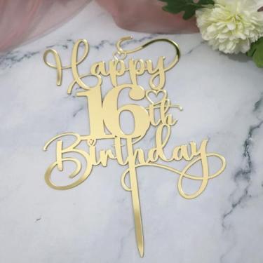Imagem de Ruscalin Happy 13th Birthday Cake Topper，Mirrored Gold Acrylic Birthday Topper for Cheers to 13 Years Birthday/Anniversary Party Decoration Ideas, Perfect Keepsake for your family and friends (16th)