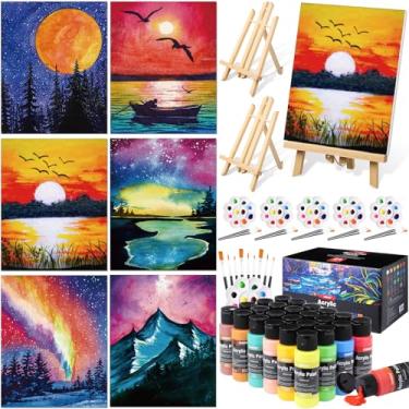 Imagem de AmazingSpark Conjunto de 6 kits de pintura e sip para adultos tela pré-desenhada de 20 cm x 25 cm para pintura DlY conjunto de pintura acrílica painéis de lona cavalete de madeira, 24 cores 60 ml 60