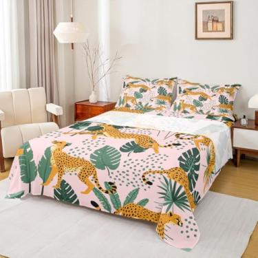 Imagem de Manfei Jogo de lençol infantil casal com folha de palmeira, planta tropical, botânica, rústico, para meninas, meninos, leopardo, selva, animal, rosa, 4 peças (elástico + plano + 2 fronhas)