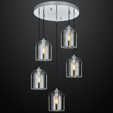 Imagem de LBSQJ Luzes pendentes cromadas modernas para cozinha, ilha, lustre de teto, luminárias suspensas de cristal para sala de jantar, cozinha, sala de estar, quarto (5 luzes)