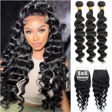 Imagem de Cabelo humano 12A 3 mechas com fecho de renda HD 5 × 5 (20 22 24 +20) 100% cabelo virgem brasileiro não processado cabelo humano ondulado solto cachos com fecho cor natural