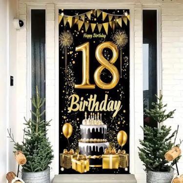 Imagem de Saoplasa Decoração de porta de aniversário de 18 anos 188 x 89 cm, faixa preta e dourada para bolo com balões e presentes para festa de 18 anos, decoração de parede de fundo feliz de 18 anos