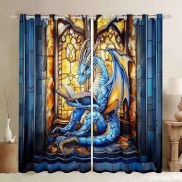 Imagem de Cortinas de janela infantil dragão ocidental, estante de livros de leitura de dragão azul, cortinas de janela para meninos e meninas, patchwork geométrico, abstrato, trippy chique, tratamentos de