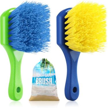 Imagem de Remerry 2 escovas removedoras de areia de praia com bolsa de cordão, acessórios de praia para limpeza de escova de cerdas macias de praia para férias de verão, esportes aquáticos, festa de vôlei (cor