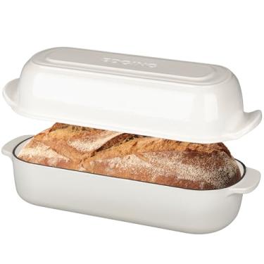 Imagem de EDGING CASTING Forma de pão de ferro fundido esmaltado com tampa, forno holandês para assar pão caseiro, 32 x 14 cm, 5 litros, branca