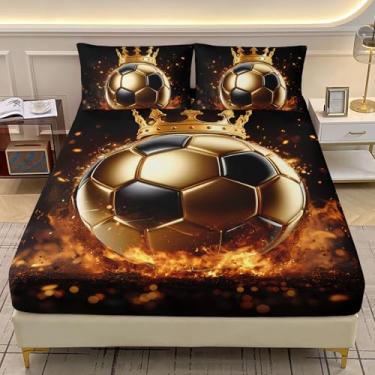 Imagem de AILONEN Jogo de cama casal com estampa de coroa de futebol 3D, ouro preto, para crianças, meninos e meninas, lençol com elástico com tema de bola esportiva com 2 fronhas, 3 peças