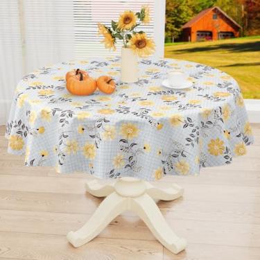 Imagem de misaya Toalha de mesa redonda de vinil impermeável, toalha de mesa limpa com forro de flanela, capa de mesa de plástico para jantar, piquenique, interior e exterior (flores amarelas, 152 cm)