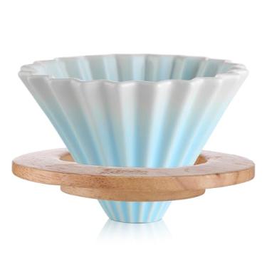 Imagem de Bincoo Coador de café de cerâmica, gotejador de café com suporte de madeira, em forma de flor para 1 a 2 xícaras de cafeteira lenta para café doméstico (azul)