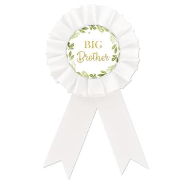 Imagem de Broche de crachá de folha de flandres branco Big Brother, broches de botão de revelação de gênero de vegetação para menino, fita de aniversário de menino, botões de roseta de folhas de eucalipto