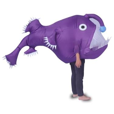 Imagem de jolinov Fantasia de peixe inflável de pescador fantasia de tubarão de peixe fantasia de peixe de Halloween adulto fantasias infláveis (roxo, crianças)