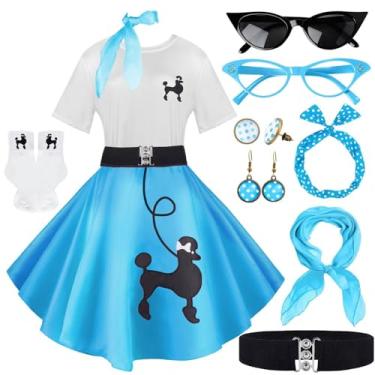 Imagem de VillbeCoser Conjunto de 10 peças de roupas femininas Sock Hop, saias poodle dos anos 50, camiseta poodle com acessórios dos anos 50, cachecol, faixa de cabeça, cinto, meias e brincos de óculos