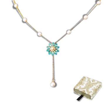 Imagem de HUGLINK Colar feminino de ouro de zircônia cúbica com flor e pérola banhada a ouro 14 K, linda corrente moderna para o dia dos namorados, Natal, melhores presentes para mãe, esposa, namoradas, amigas.