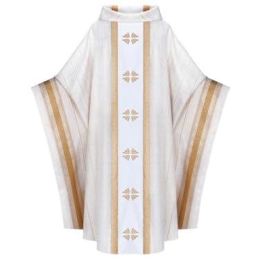 Imagem de AwwwCos Unisexo padres católicos celebrantes igreja vestimenta clero elegância casula missa fantasia gola redonda roupão branco P