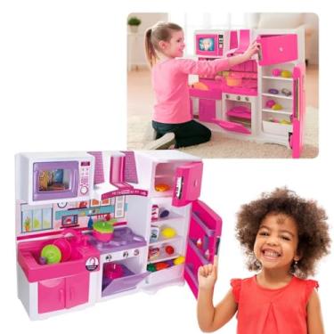 Imagem de Cozinha Infantil Rosa Grande Fogão Geladeira C/Som Sai Água 64x18x83cm Rosa