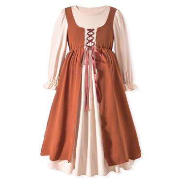 Imagem de HIHA Vestido infantil renascentista tamanho 10-11 vestidos medievais manga bufante roupas vitorianas marrom
