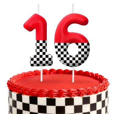 Imagem de Velas de aniversário de carro de corrida, decoração de topo de bolo de 6 cm, bandeira quadriculada número 16 velas, decorações de aniversário, decorações de bolo de festa de aniversário, suprimentos