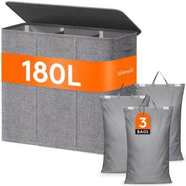Imagem de Cesto de roupa suja Lifewit Triple com tampa e 3 sacos 180L cinza clar