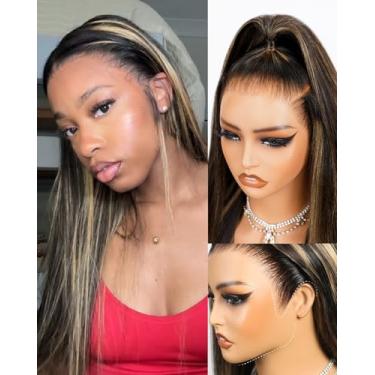 Imagem de Megalook hair Peruca frontal ombré sem cola 33 x 15 cabelo humano pré-cortado pré-cortado densidade 220% orelha a orelha HD peruca de renda destaque cordão peruca cabelo humano fb27# 20 polegadas