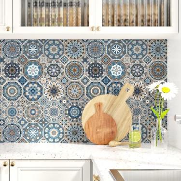 Imagem de EPPKILY Papel de parede Boho Peel and Stick Bohemian Tiles Contact Paper Kitchen Backsplash Wallpaper Art Deco geométrico abstrato papel de parede autoadesivo para paredes armários banheiro 44.5 cm x
