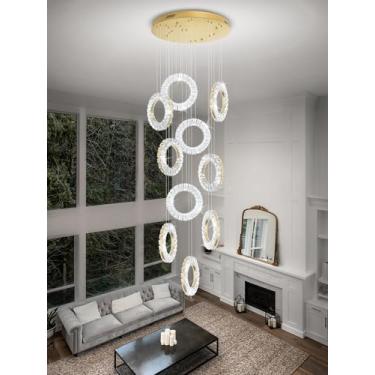 Imagem de Lustre de cristal moderno com 10 anéis para teto alto regulável dourado contemporâneo, luminária pendente de cristal para sala de estar, hall de entrada, escadaria