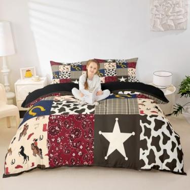 Imagem de Conjunto de capa de edredom de cavalo caubói ocidental, tamanho queen, fofo, couro bovino geométrico, patchwork, 3 peças, crianças, adolescentes, mulheres, meninos, rústico, animais de fazenda, capa