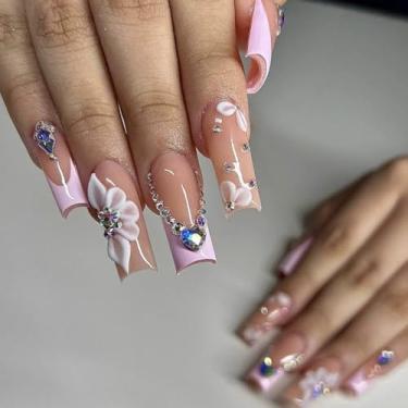 Imagem de Pregos de ponta francesa de pressão quadrados longos falsos brilhantes nude falso com design de strass 3D cola branca pingentes de unhas para mulheres meninas decoração 24 peças (rosa - 15, estilo 15)