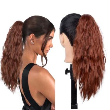 Imagem de ZIRANJUAN Extensão de rabo de cavalo Extensão de rabo de cavalo com clipe vermelho cobre de 40,6 cm, peruca sintética ondulada ondulada natural feminina, adequada para uso diário em festas