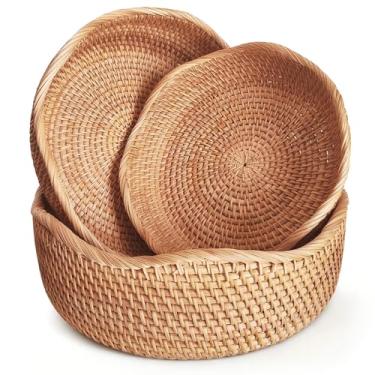 Imagem de Cesta de pão de vime para servir, cesta de frutas tecida à mão, cesta de vime natural para organizar pão, lanche, frutas, legumes, cozinha e balcão de jantar (Wave-Combo)
