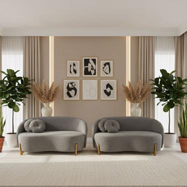 Imagem de Kit 02 Sofás Orgânicos 2 Lugares C/2 Almofadas Curvo Sala Recepção Amsterdã Boucle Cinza - Montanari`s Decor