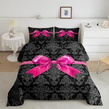 Imagem de Feelyou Conjunto de edredom adulto, preto, cinza, gótico, damasco, floral, damasco, tamanho Queen, decoração de quarto feminino, edredom de flores barrocas vintage vitoriano, conjunto de cama floral