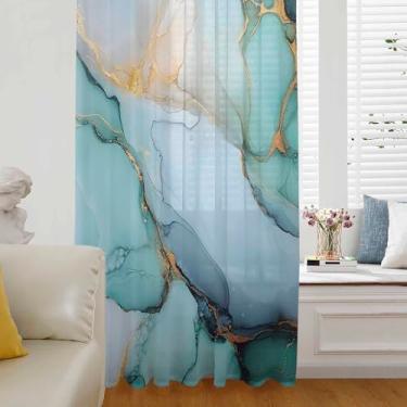 Imagem de Cortinas transparentes de mármore turquesa de 182 cm de comprimento, painel de cortina de voile estético com filtro de luz, bolso para varão textura ombré dourada abstrata, cortinas, tratamentos