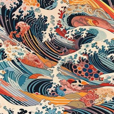 Imagem de VistaPalette Papel de parede em aquarela vermelho/amarelo/azul japonês onda do mar descascar e colar decoração de parede autoadesivo papel de parede adesivo em contato fácil para apartamento locatário